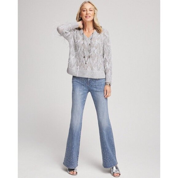 New Chico's Gray Wool blend Sequins Feather Pullover Sweater Top - Picture 3 of 15